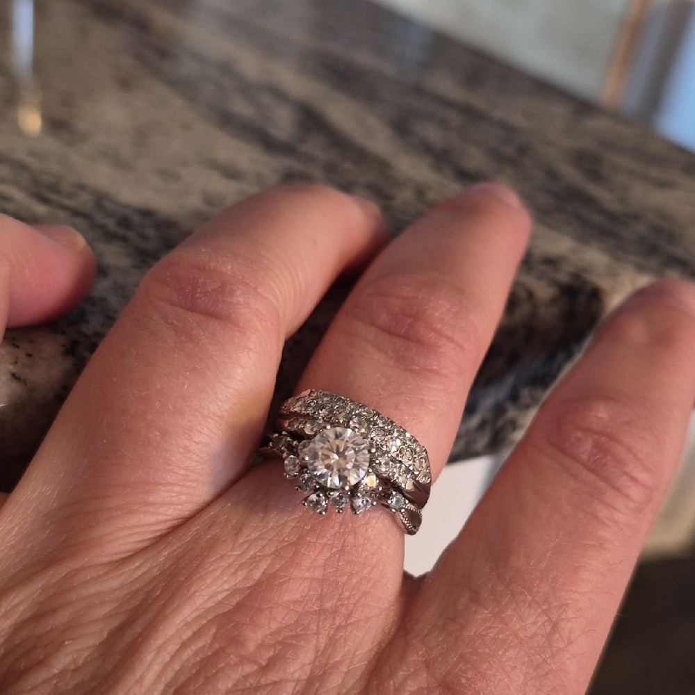 Floral Halo Engagement Ring and White Gold With Diamonds Wedding Band 3 Row Ring